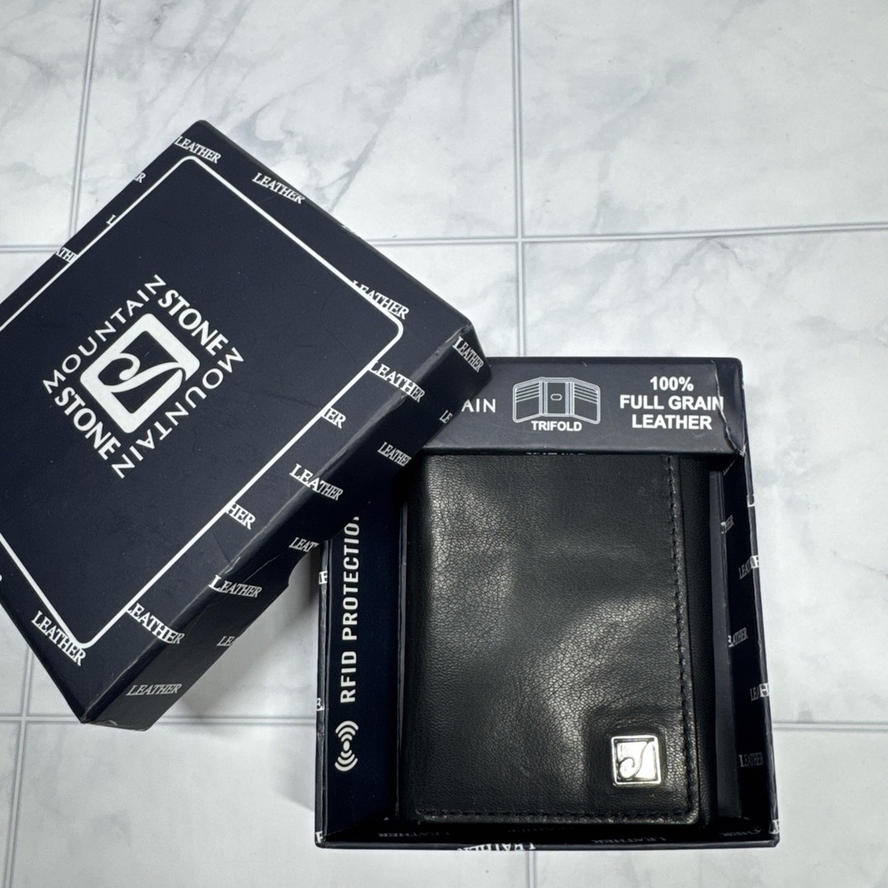 Stone Mountain Men's Leather Wallet Trifold - RFID Protection - Black New In Box